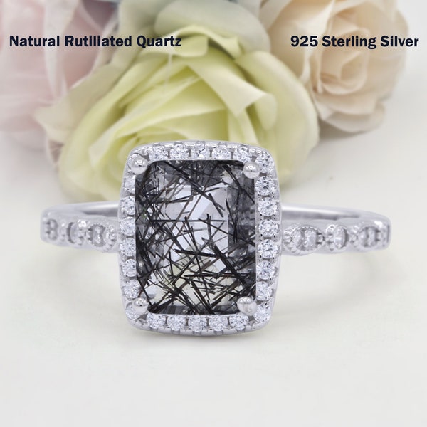 2.62 Carat Art Deco Accent Halo Radiant Natural Rutilated Quartz Wedding Engagement Bridal Band Round Ring Diamond Cz 925 Sterling Silver