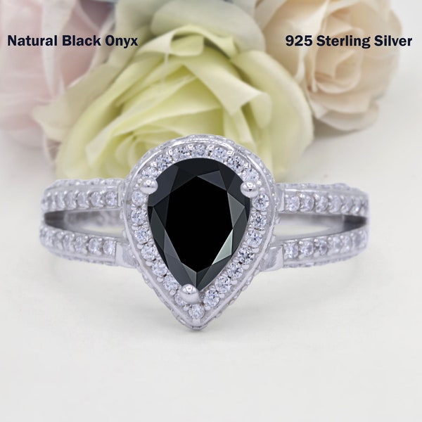 1.25 Carat Vintage Teardrop Pear Halo Split Shank Natural Black Onyx Wedding Engagement Bridal Band Ring Diamond CZ 925 Sterling Silver