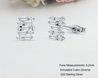 6.2mm Cluster Baguette & Round Stud Earring Women 925 Sterling Silver Stud Earring Cubic Zirconia Push Back Earrings Gift Earring