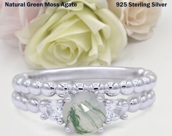 0.84 Carat Three Stone Two Piece Round Natural Green Moss Wedding Engagement Bridal Set Round Band Ring Diamond CZ 925 Sterling Silver