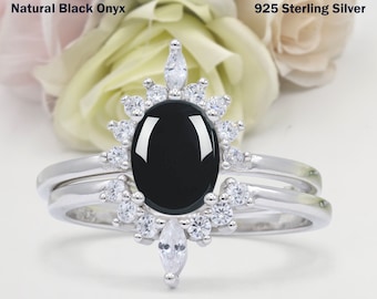 1.21 Karat Zwei Stück Vintage Stil Art Deco Oval Natürlichen Schwarzen Onyx Hochzeit Verlobung Braut Set Band Ring Diamant CZ 925 Sterling Silber