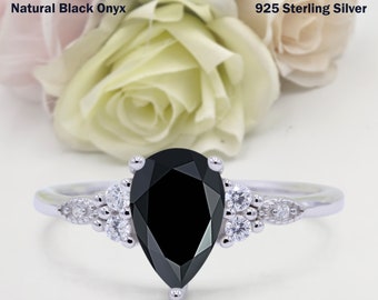 1.33 Carat Teardrop Pear Vintage Style Natural Black Onyx Wedding Engagement Bridal Round Band Ring Diamond CZ 925 Sterling Silver