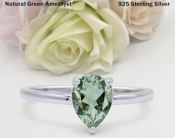 1.25 Carat Solitaire Hidden Halo Teardrop Pear Natural Green Amethyst Wedding Engagement Bridal Band Ring Diamond CZ 925 Sterling Silver