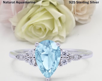 1.33 Carat Teardrop Pear Vintage Style Natural Aquamarine Wedding Engagement Bridal Round Band Ring Diamond CZ 925 Sterling Silver