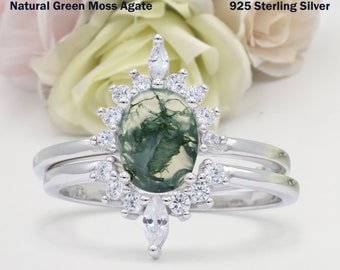 1.21 Carat Two Piece Vintage Style Art Deco Oval Natural Green Moss Wedding Engagement Bridal Set Ring Diamond CZ 925 Sterling Silver