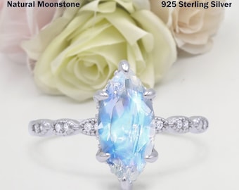 Marquise Moonstone Engagement Ring, Vintage Style Sterling Silver CZ Band