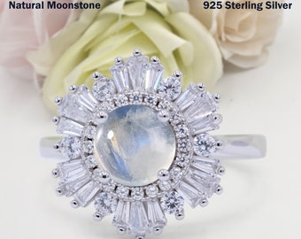 1.28 Carat Floral Art Deco Round Natural Moonstone Wedding Engagement Bridal Baguette Band Ring Diamond CZ 925 Sterling Silver