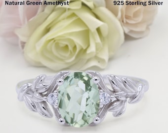 1.21 Carat Leaf Style Oval Vintage Natural Green Amethyst Wedding Engagement Bridal Round Band Ring Diamond CZ 925 Sterling Silver