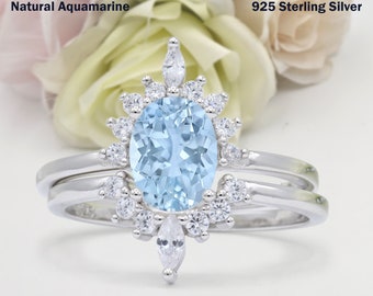 1.21 Karat Zweiteiler Vintage Stil Art Deco Oval Natürliche Aquamarin Hochzeit Verlobung Braut Set Band Ring Diamant CZ 925 Sterling Silber