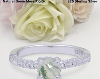 1.03 Carat Solitaire Accent Round Natural Green Moss Wedding Engagement Bridal Round Band Ring Diamond CZ 925 Sterling Silver