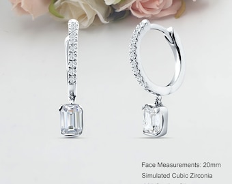 20mm Emerald Cut Drop Dangle CZ Hoop Earrings Post and Click Back 925 Sterling Silver Gift Mini Stud Earring Emerald Cut Shape Earring