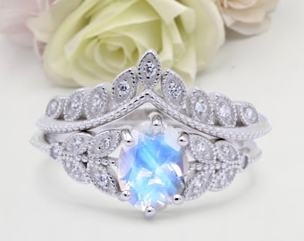 1.21 Carat Two Piece Vintage Style Oval Natural Moonstone Wedding Engagement Bridal Set Band Round Ring Diamond CZ 925 Sterling Silver