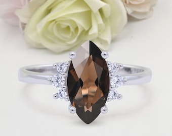 1.62 Carat Vintage Style Marquise Natural Smokey Quartz Wedding Engagement Bridal Round Band Ring Diamond CZ 925 Sterling Silver