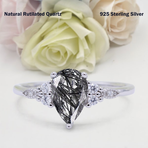 1.33 Carat Teardrop Pear Vintage Style Natural Rutilated Quartz Wedding Engagement Bridal Round Band Ring Diamond CZ 925 Sterling Silver
