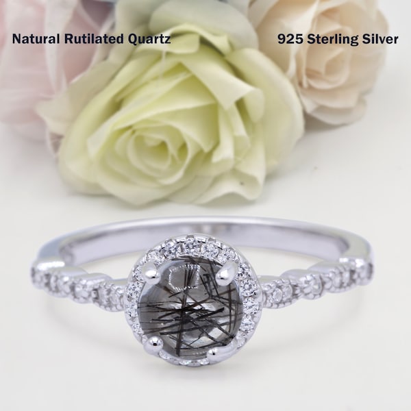 0.84 Carat Halo Round Art Deco Natural Rutilated Quartz Wedding Engagement Bridal Round Band Ring Diamond CZ 925 Sterling Silver