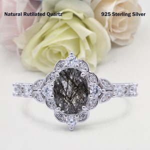 1.21 Carat Art Deco Oval Vintage Natural Rutilated Quartz Wedding Engagement Bridal Round Band Ring Diamond CZ 925 Sterling Silver