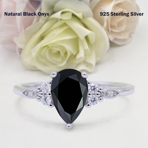 1.33 Carat Teardrop Pear Vintage Style Natural Black Onyx Wedding Engagement Bridal Round Band Ring Diamond CZ 925 Sterling Silver