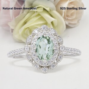 0.76 Carat Floral Oval Vintage Style Natural Green Amethyst Wedding Engagement Bridal Round Band Ring Diamond CZ 925 Sterling Silver