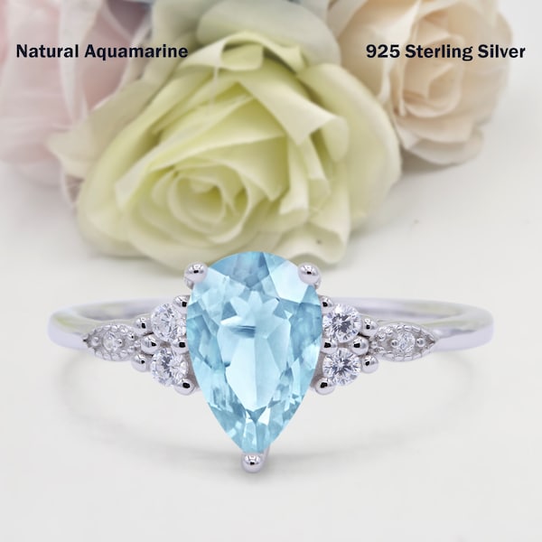1.33 Carat Teardrop Pear Vintage Style Natural Aquamarine Wedding Engagement Bridal Round Band Ring Diamond CZ 925 Sterling Silver
