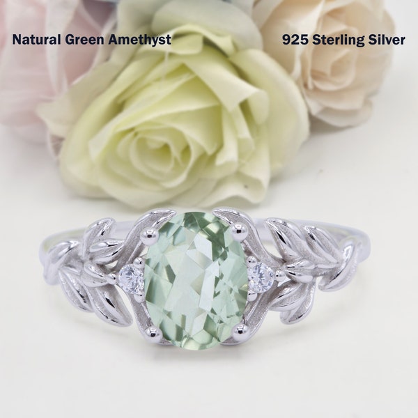 1.21 Carat Leaf Style Oval Vintage Natural Green Amethyst Wedding Engagement Bridal Round Band Ring Diamond CZ 925 Sterling Silver