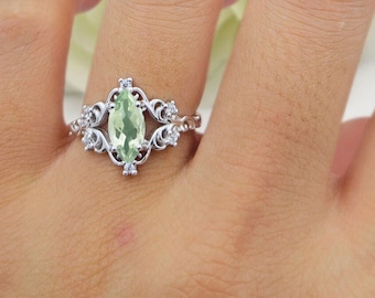 Vintage Solitaire Marquise Cut 0.95CT Natural Green Amethyst Bridal Band Women Ring Wedding Engagement Ring 925 Sterling Silver Ring 13.9mm