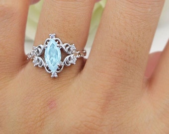 Vintage Solitaire Marquise Cut 0.95CT Natural Aquamarine Bridal Band Women Ring Wedding Engagement Ring 925 Sterling Silver Ring 13.9mm
