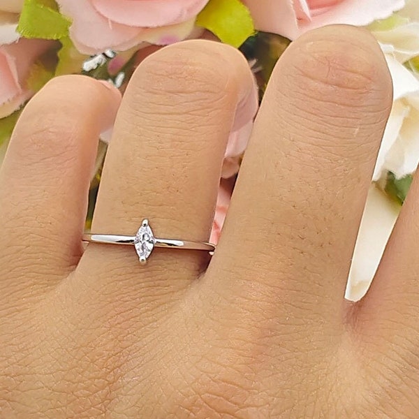 Solitaire Marquise Bridal Band Women Ring Cubic Zirconia Wedding Engagement Marquise Ring 925 Sterling Silver Ring 6.7mm Dainty Petite