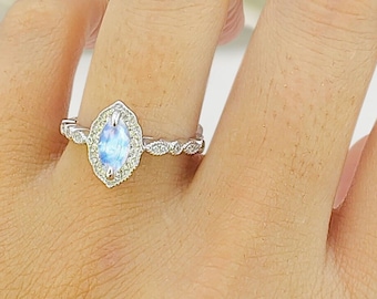 Art Deco Marquise 0.47CT Natural Moonstone Bridal Band Women Ring Wedding Engagement Marquise Shape Ring 925 Sterling Silver Ring 12.2mm