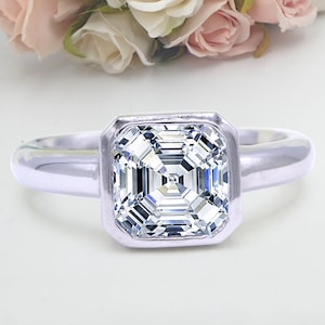 Asscher Bezel Set Solitaire Antique Style Asscher Bridal Band Women Ring Cubic Zirconia Engagement Ring 925 Sterling Silver Ring 7mmX7mm