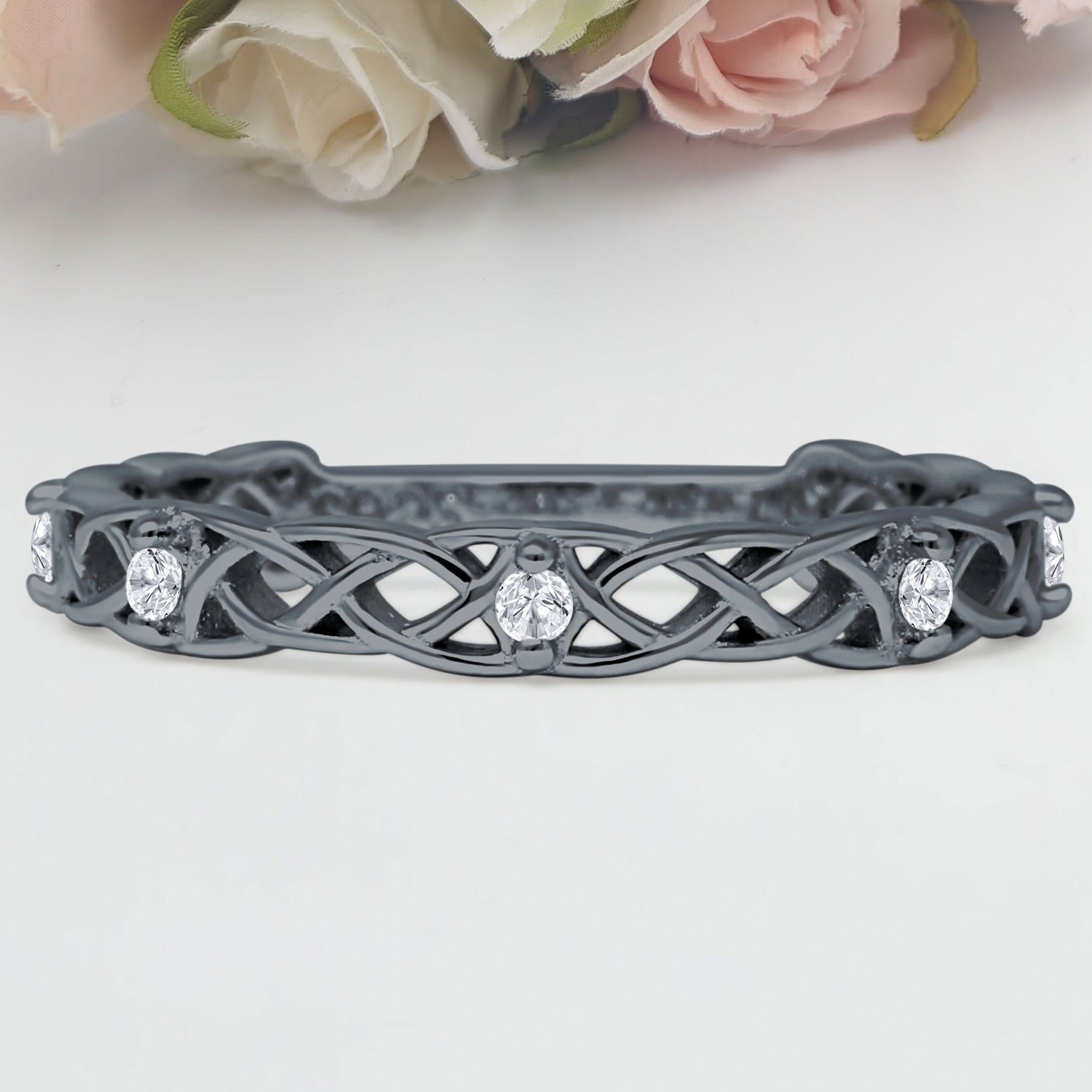 8mm Celtic Knot Ring - 925 Sterling Silver Black Cubic Zirconia Adjustable Open Ring - View #9