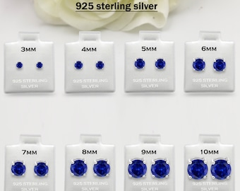 925 Sterling Silver Round Blue Sapphire September Stud Earring Post Solitaire Wedding Engagement 3mm 4mm 5mm 6mm 7mm 8mm 9mm 10mm 1 Pair