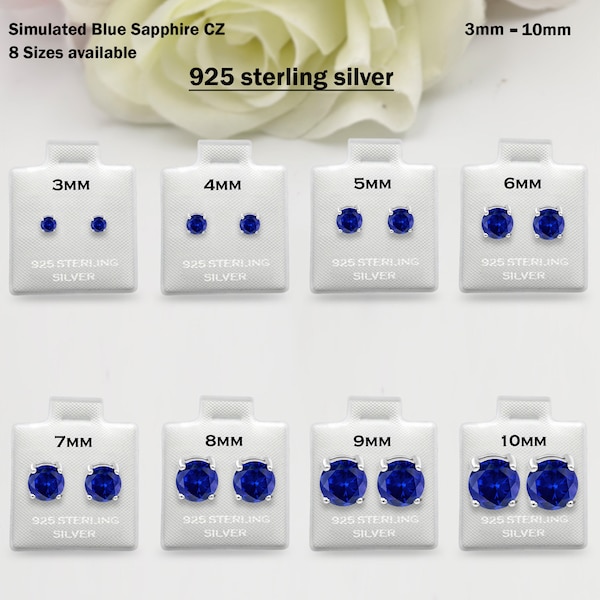 925 Sterling Silver Round Blue Sapphire September Stud Earring Post Solitaire Wedding Engagement 3mm 4mm 5mm 6mm 7mm 8mm 9mm 10mm 1 Pair