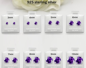 925 Sterling Silver Round Purple Amethyst February Stud Earring Post Solitaire Wedding Engagement 3mm 4mm 5mm 6mm 7mm 8mm 9mm 10mm 1 Pair