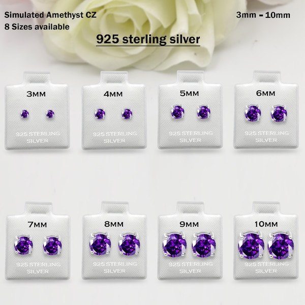 Boucles d'oreilles de février rondes en argent sterling 925 avec améthyste violette et pendentif de mariage solitaire 3 mm 4 mm 5 mm 6 mm 7 mm 8 mm 9 mm 10 mm 1 paire