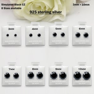 925 Sterling Silver Round Black Onyx CZ Stud Earring Post Solitaire Wedding Engagement 3mm 4mm 5mm 6mm 7mm 8mm 9mm 10mm 1 Pair