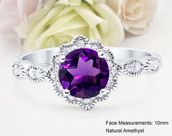 Halo Floral Art Deco Round Bridal 1.28CT Natural Amethyst Women Wedding Engagement 925 Sterling Silver Round Shape Ring 10mm