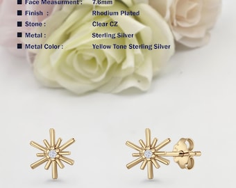 7.6mm 14k Yellow Gold Petite Dainty Starburst Stud Earrings Push Back Cubic Zirconia 925 Sterling Silver Women Minimalist Earring