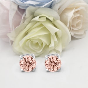 925 Sterling Silver Round Morganite CZ Stud Earring Post Solitaire Wedding Engagement 3mm 4mm 5mm 6mm 7mm 8mm 9mm 10mm 1 Pair Gift image 4