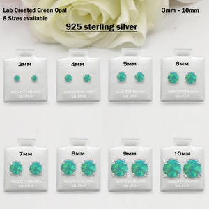 925 Sterling Silver Round Lab Green Opal Fire Stud Earring Post Solitaire Wedding Engagement 3mm 4mm 5mm 6mm 7mm 8mm 9mm 10mm 1 Pair Gift