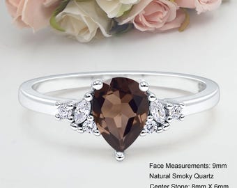 Pear Teardrop 1.25CT Natural Smokey Quartz Women Wedding Engagement 925 Sterling Silver Pear Teardrop Shape Ring 9mm