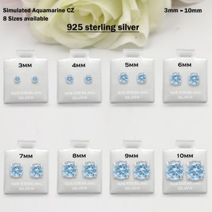 925 Sterling Silver Round Blue Aquamarine March Stud Earring Post Solitaire Wedding Engagement 3mm 4mm 5mm 6mm 7mm 8mm 9mm 10mm 1 Pair