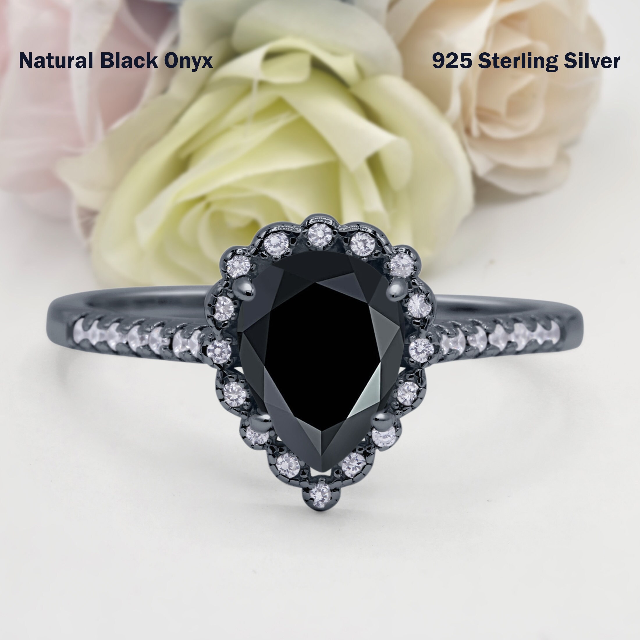 1.25 Carat Teardrop Pear Vintage Style Halo Natural Black