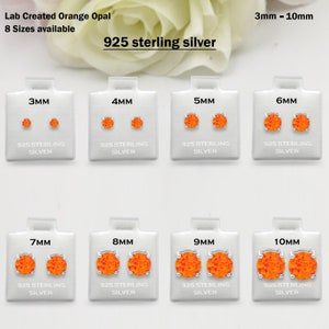 925 Sterling Silver Round Lab Orange Opal Fire Stud Earring Post Solitaire Wedding Engagement 3mm 4mm 5mm 6mm 7mm 8mm 9mm 10mm 1 Pair Gift