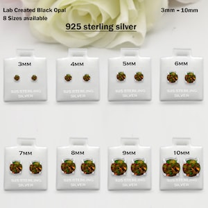 925 Sterling Silver Round Lab Black Opal Stud Earring Post Solitaire Wedding Engagement 3mm 4mm 5mm 6mm 7mm 8mm 1 Pair Black Opal Earring