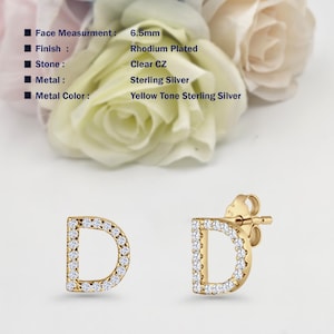 Pendientes de botón con inicial D de oro amarillo de 14 k de 6,5 mm con cierre de presión y circonita cúbica en plata de ley 925 para mujer