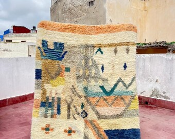 Alfombra marroquí Boujad vintage, alfombra bereber de lana hecha a mano, alfombra bohemia para decoración del hogar.