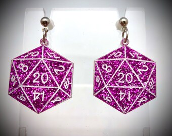 Acrylic 20 sided Dice Glitter Earrings