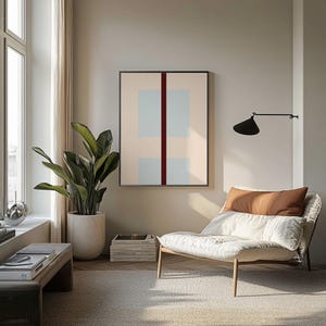 May include: A light beige living room with a white chaise lounge, a potted plant, and a framed abstract painting with a burgundy vertical line and light blue squares.