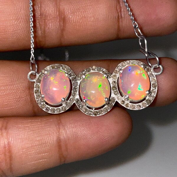 Natural Diamond 925 Sterling Silver Ethiopian Opal Pendant Jewelry Opal Multi Fire Gemstone, Natural Opal Jewelry Big Size Gemstone Pendant