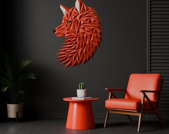 Fractal Fox –Geometric Fox Head Wall Art: Modern 3D Polygon Sculpture